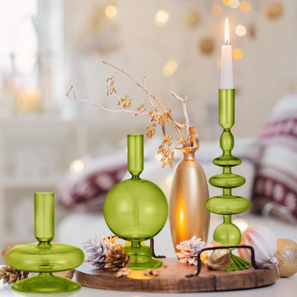 Rtteri 3 Pcs Glass Candlestick Holders Groovy Wavy Elegant Taper Decor (Green) - Picture 3 of 4